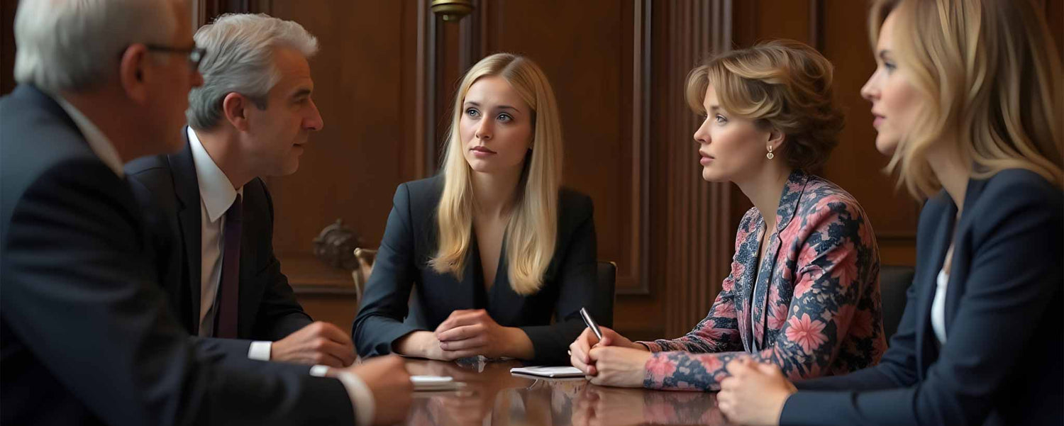 A formal boardroom meeting with men and women. (ai)