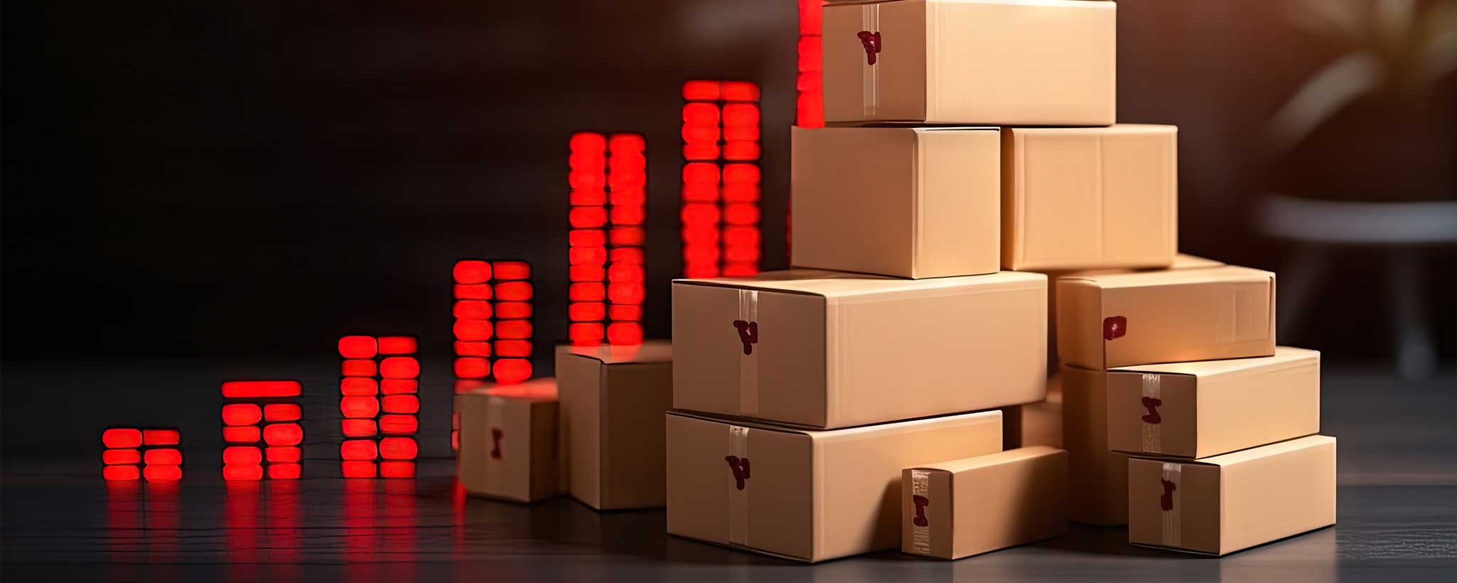 'A stack of cardboard boxes with a red glowing bar chart on a dark background.'