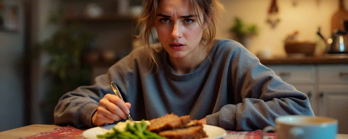 A brunette female appears troubled while eats meatloaf and green beans. (ai)