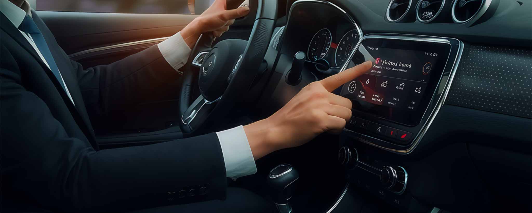 'A man in a luxury car touching the dashboard. (ai)'