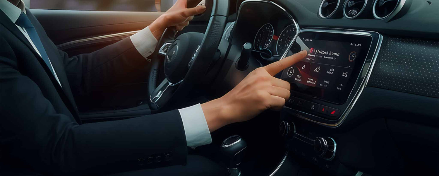 A man in a luxury car touching the dashboard. (ai)