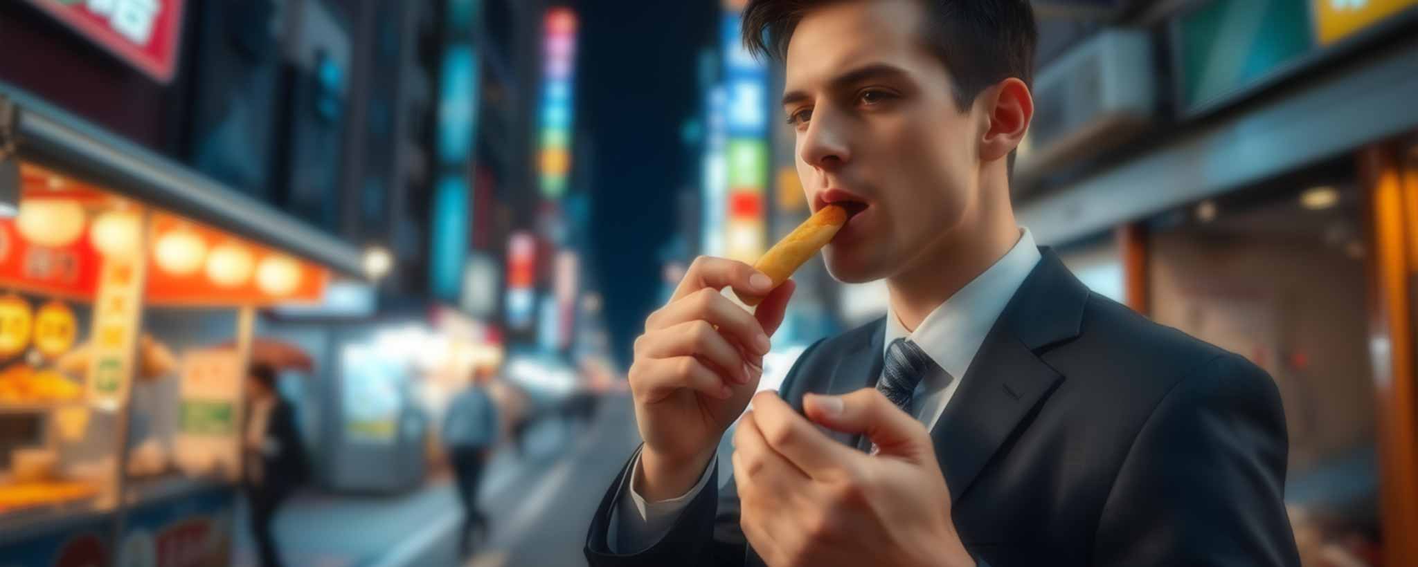 'A businessman samples a spring roll on a Tokyo street. (ai)'