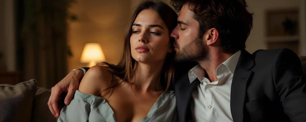 A Caucasian female sits on sofa with male who is kissing her ear. (ai)