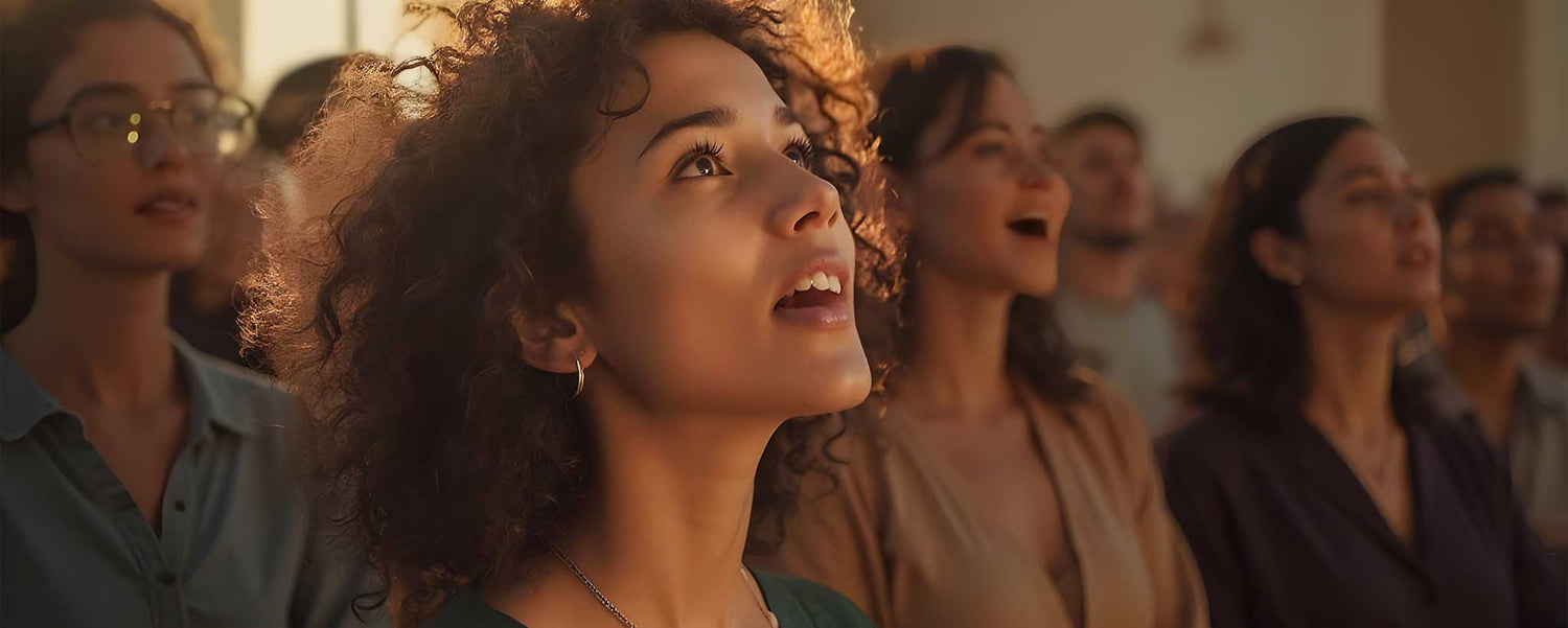 A beautiful female sings in a congregation throng. (ai)