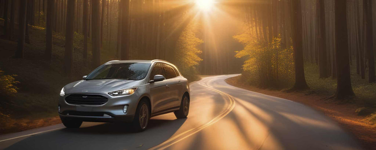 'A car driving on an isolated road as the sun sets. (ai)'