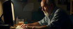 An elderly man searches the internet in a dim room. (ai)