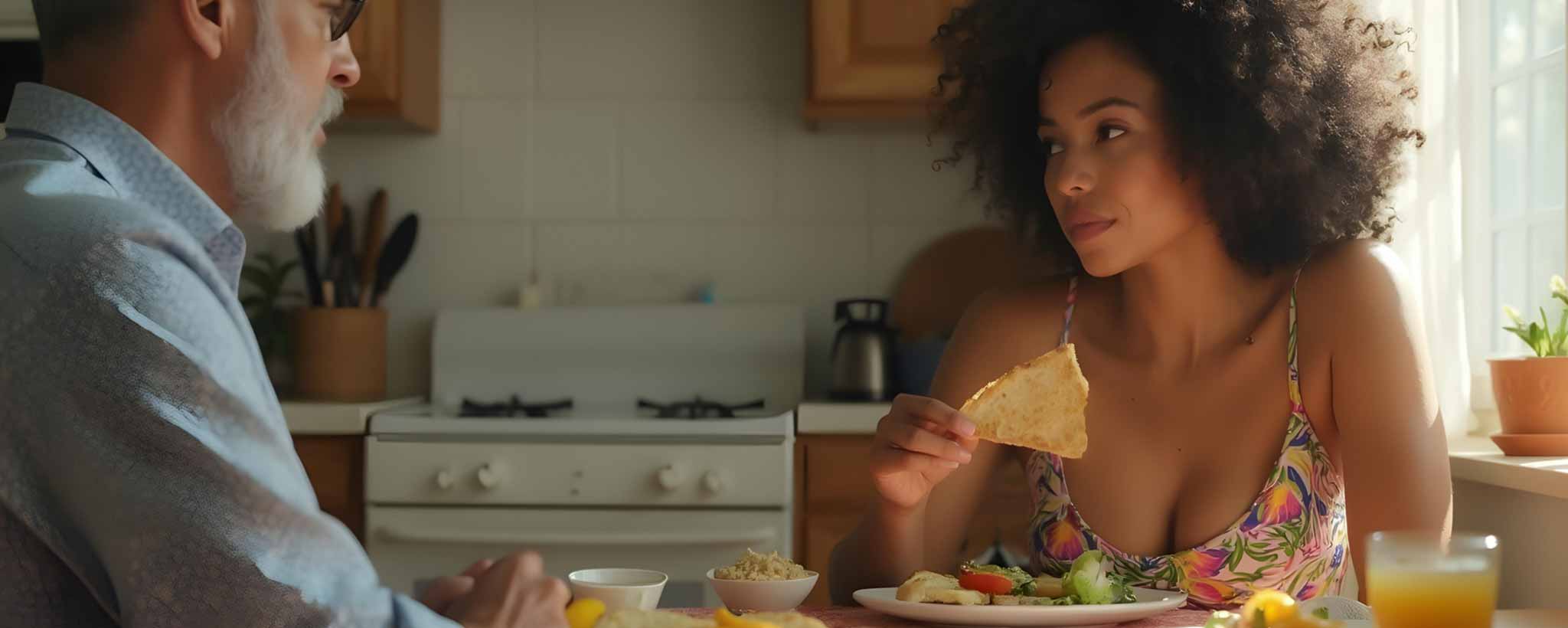 'A gray-haired man enjoys breakfast with a younger attractive biracial lady. (ai)'
