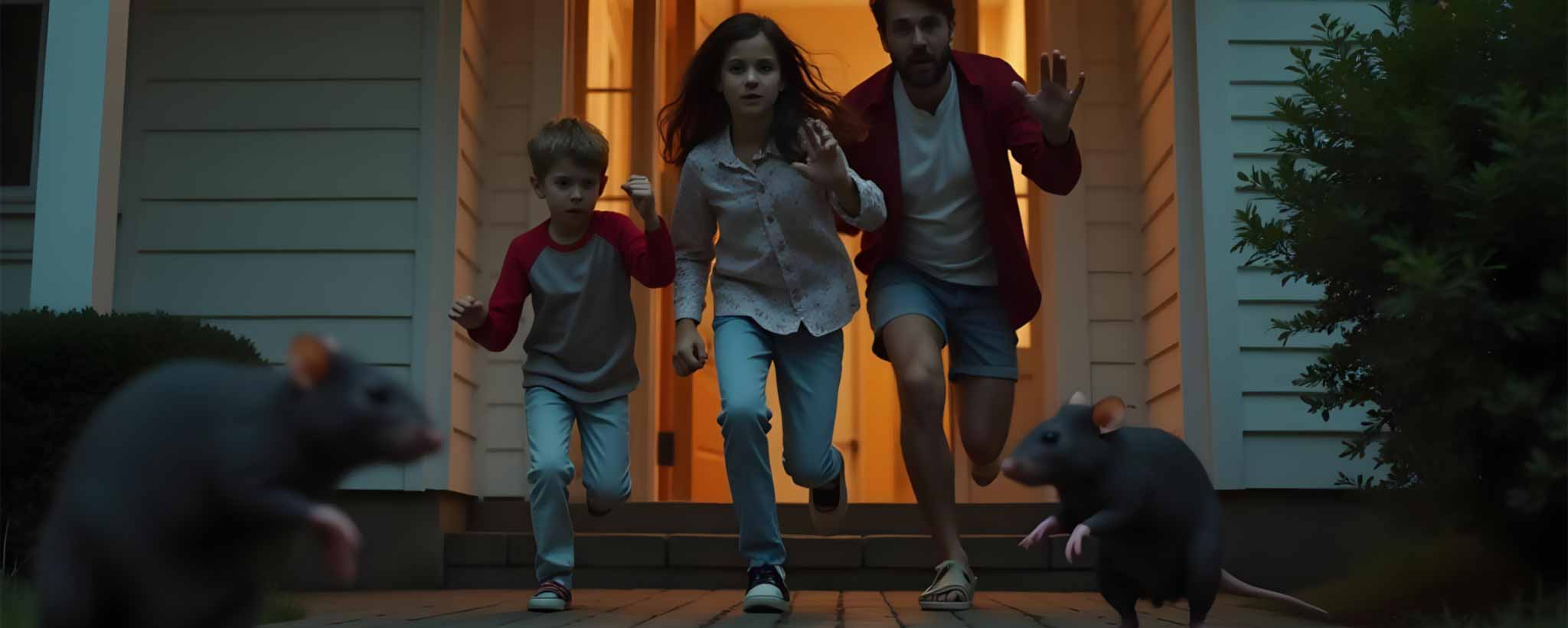 'A frightened family runs from their house of rats at night. (ai)'