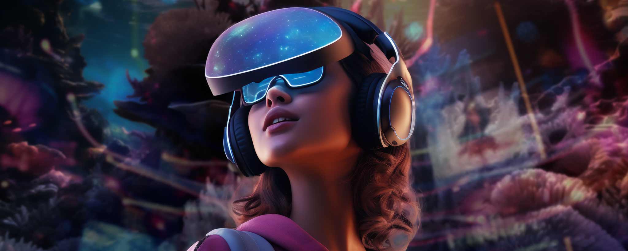 'A young lady viewing a virtual world through AR glasses. (ai)'