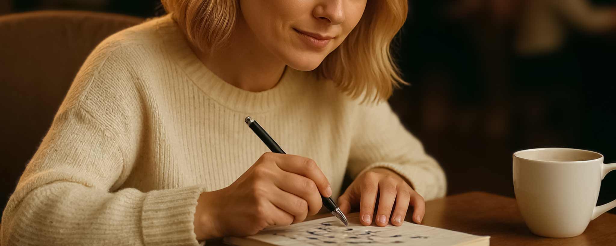 'A blonde female working a crossword puzzle. (ai)'
