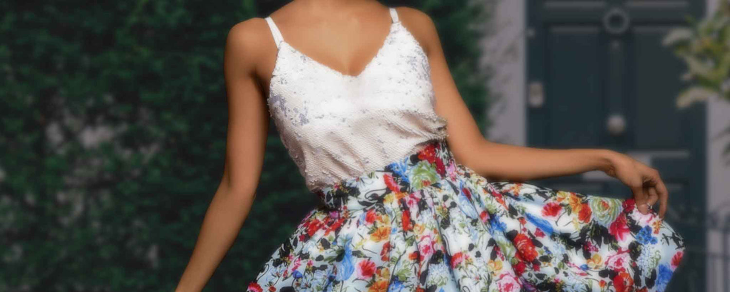 A female wears a floral skirt.