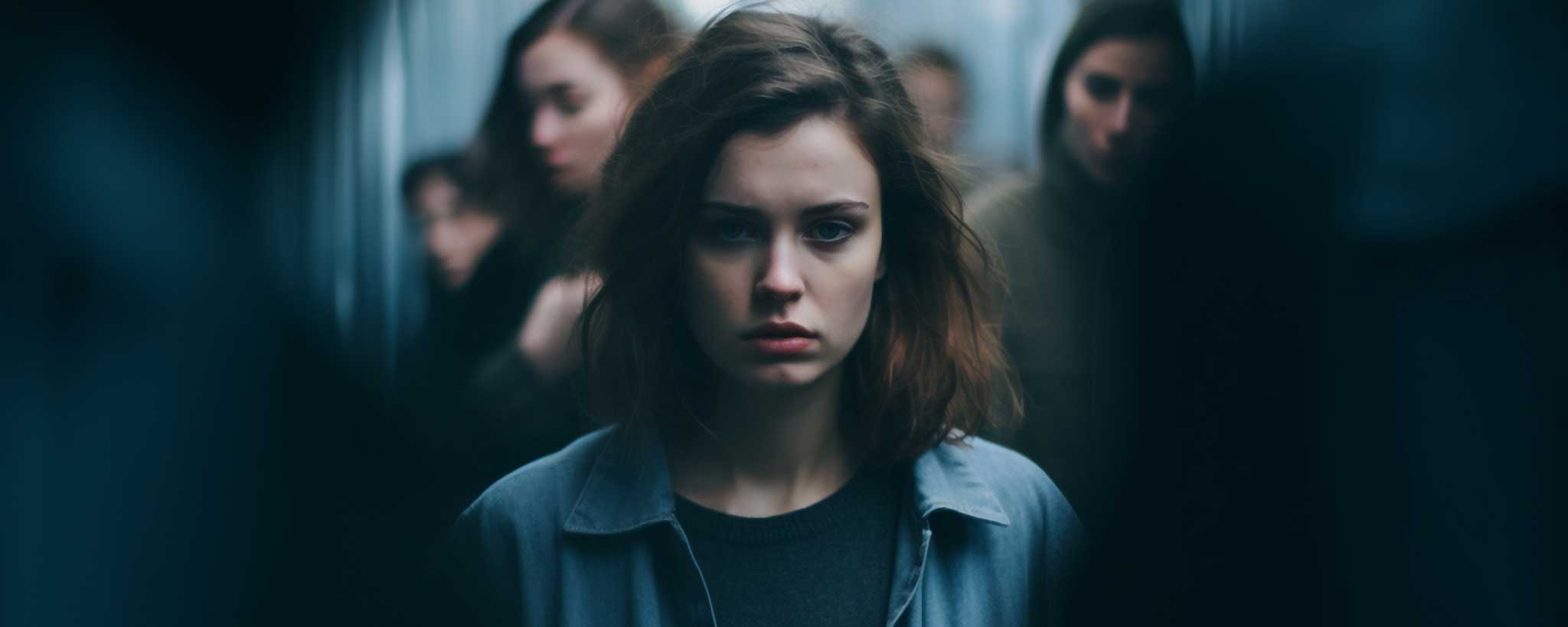'A female walks down dark hallway. (ai)'