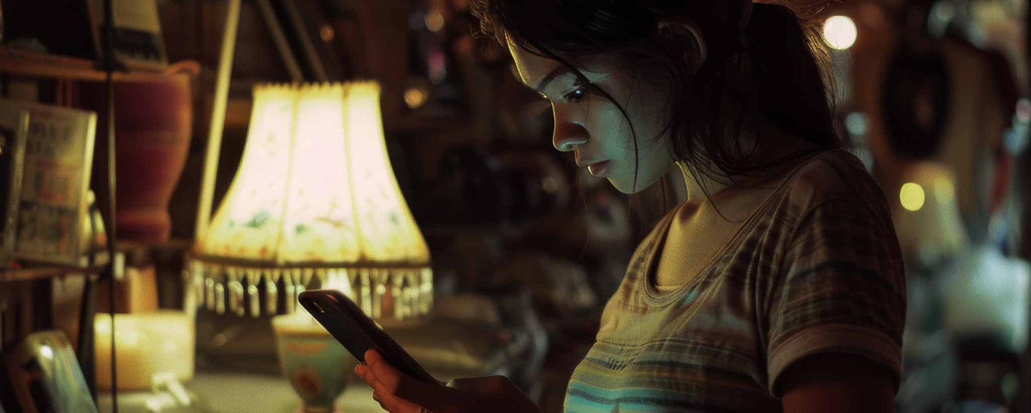 A profile if a young Spanish lady holding a phone in a pawn shop. (ai)