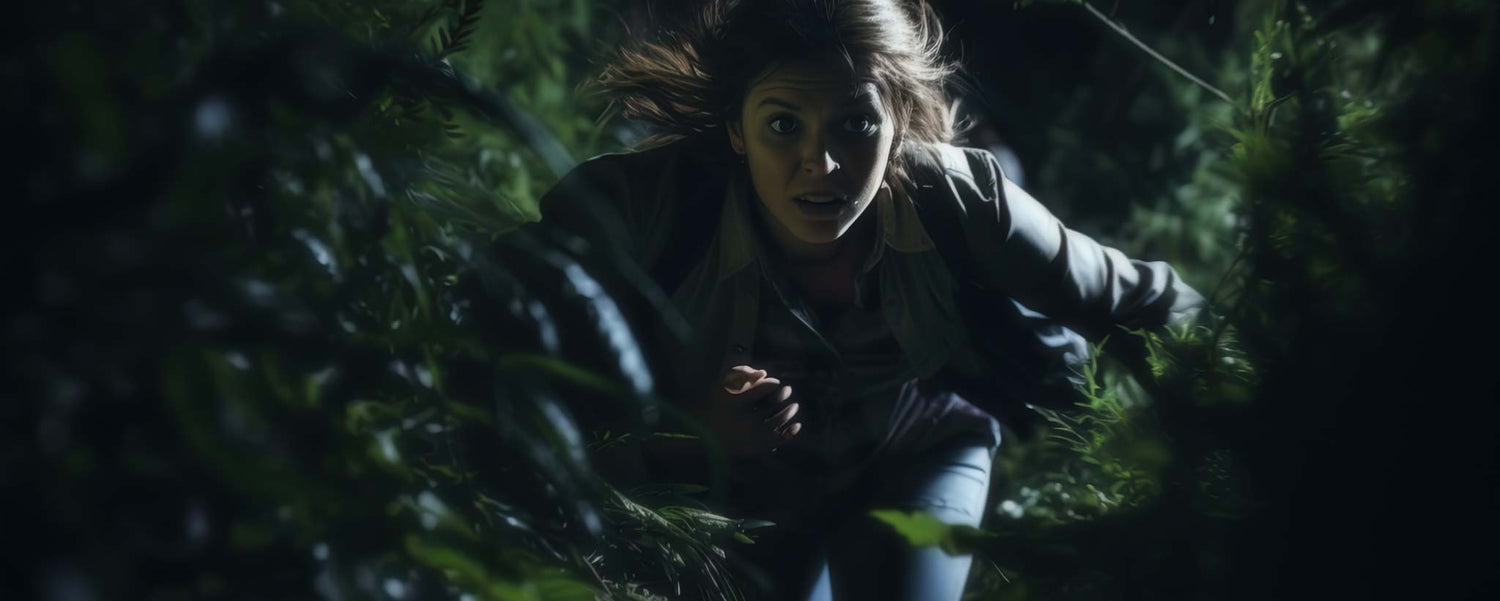 A blonde female is running through a dark forest. (ai)