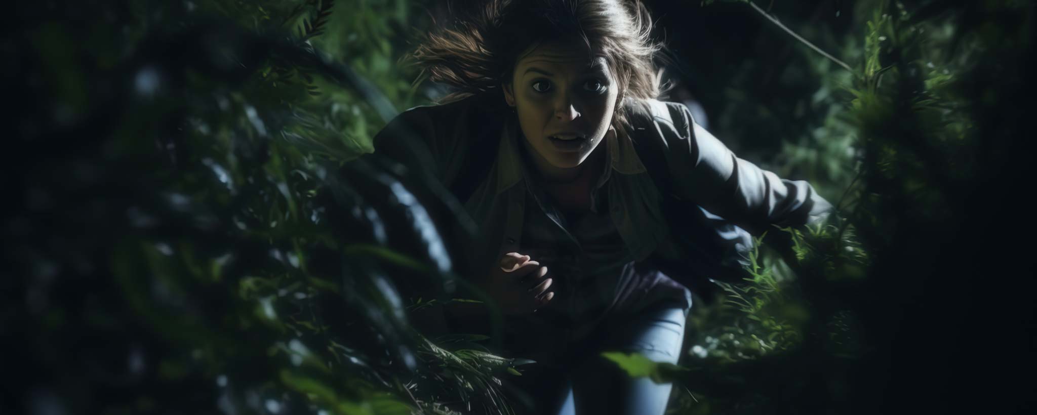'A blonde female is running through a dark forest. (ai)'