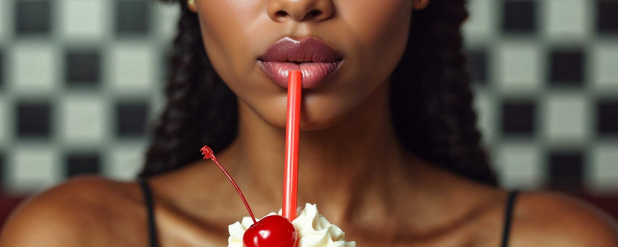 'An attractive Black female in a diner sips a milkshake. (ai)'