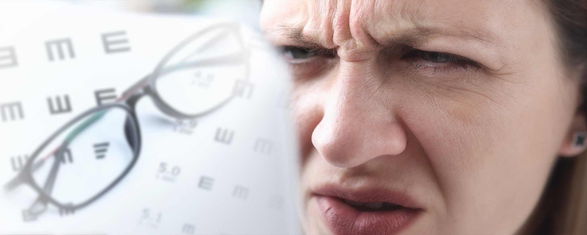 'Female squinting to read'