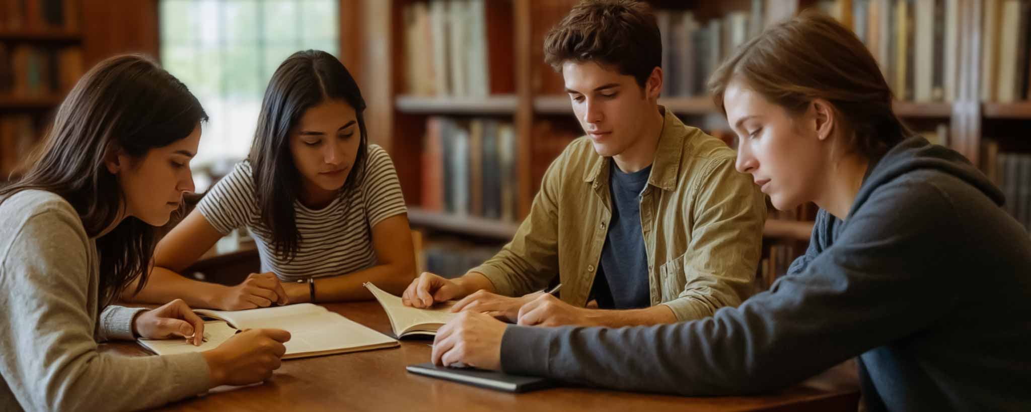 'Four students are studying together at a table in a library. (ai)'