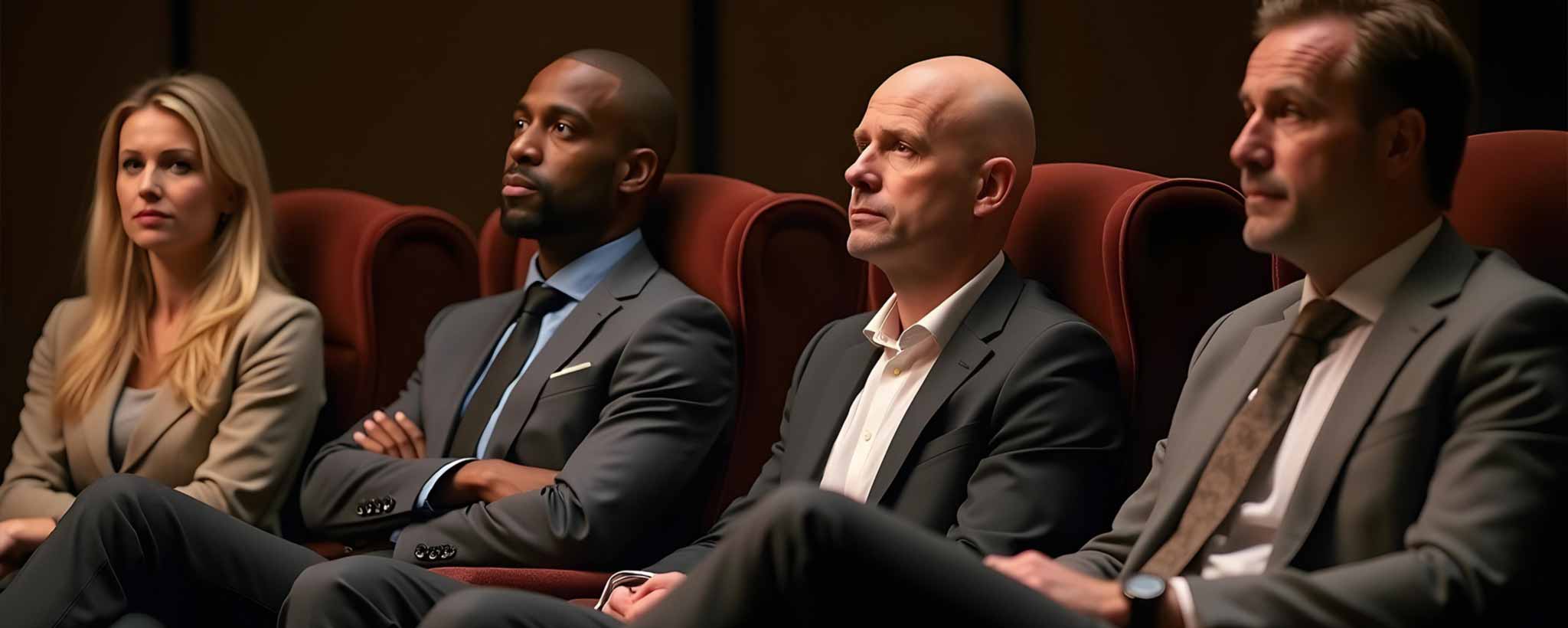 'Four seated investors on comfortable chairs in a dark room. (ai)'