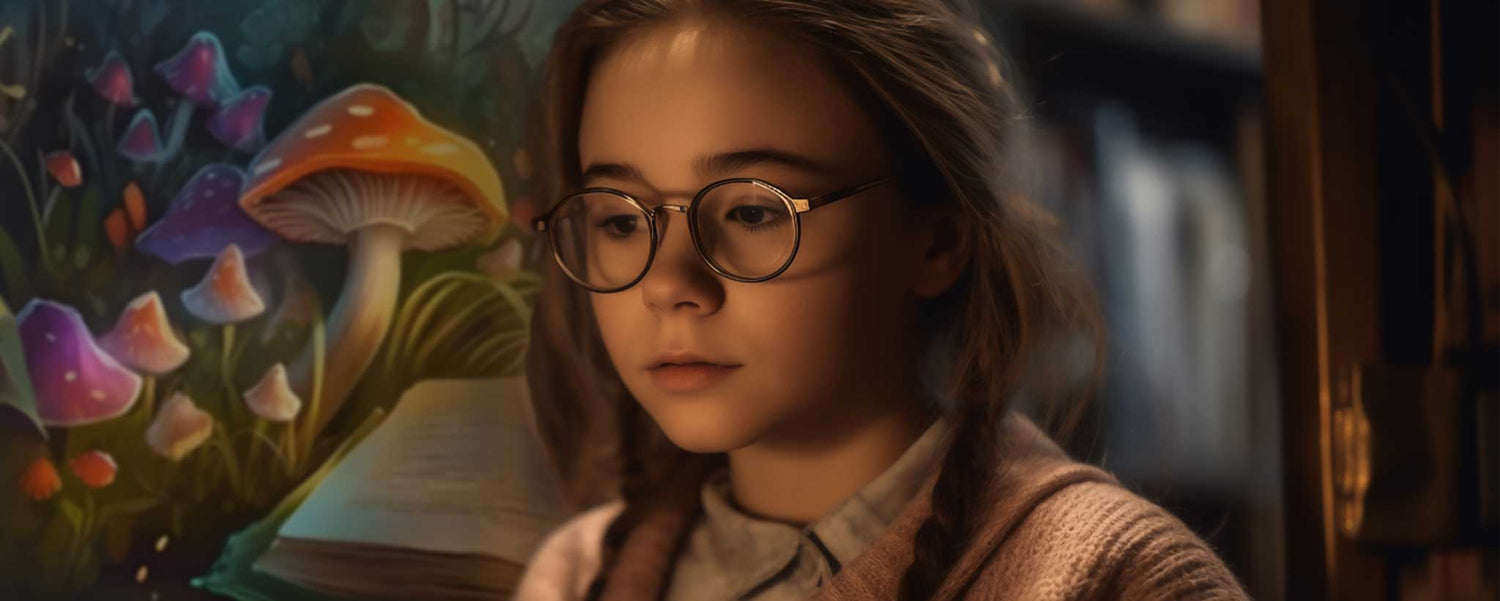 Girl with glasses reading in library (ai)