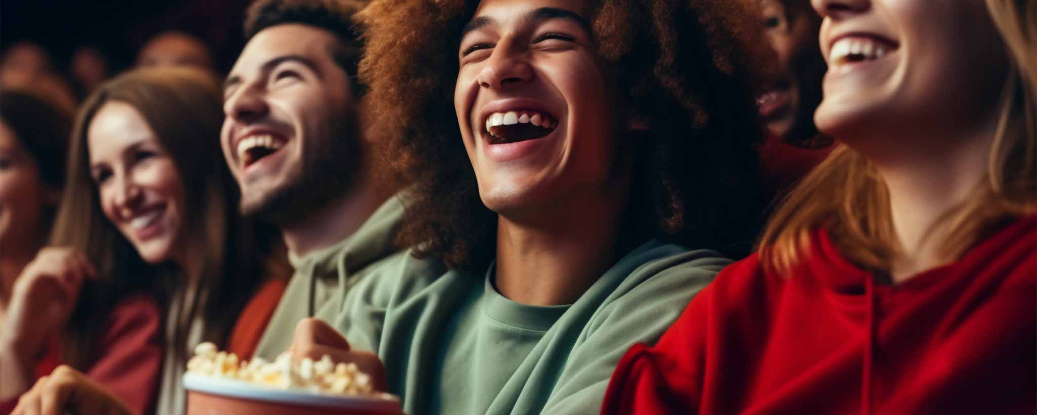 'People are enjoying a movie with popcorn in a theater setting. (ai)'