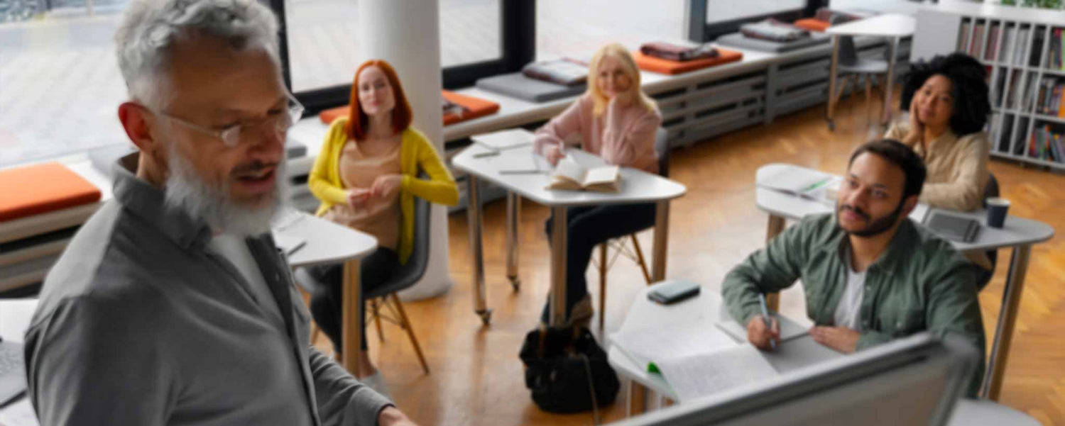 A teacher and students in a classroom setting.