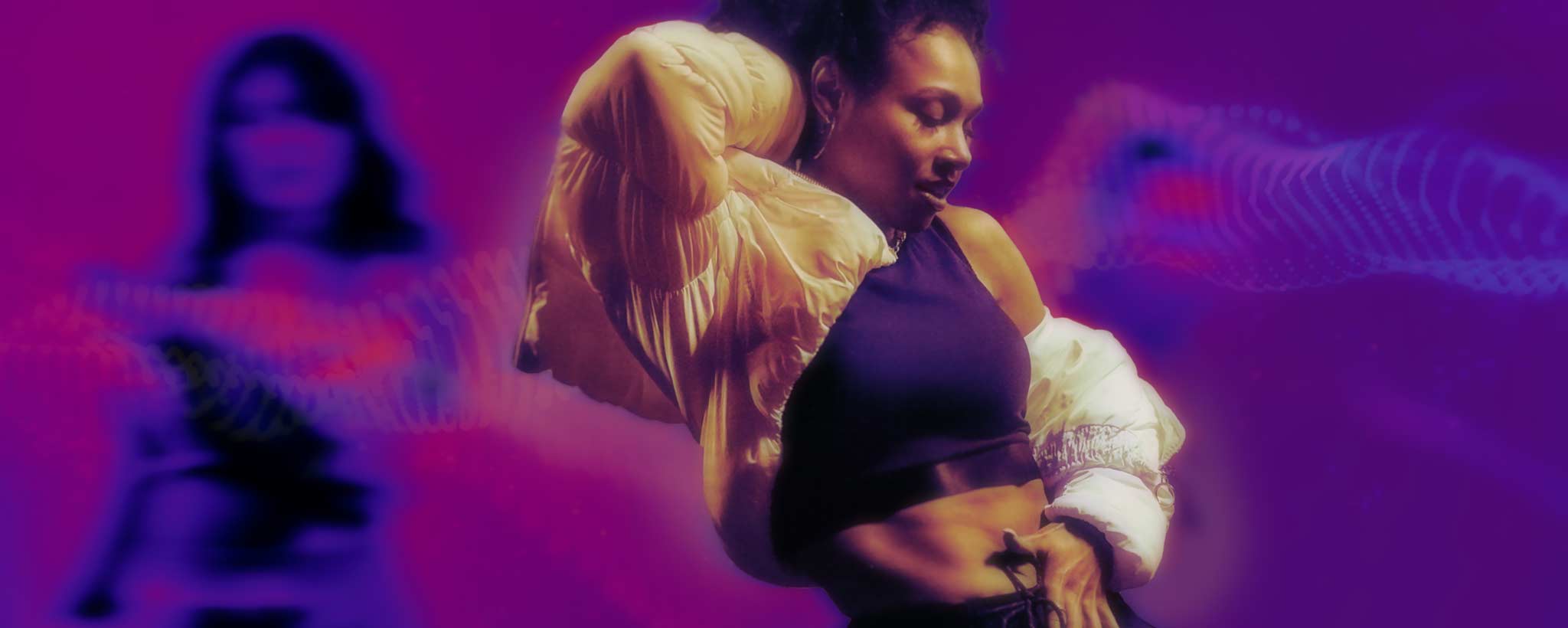 'A dancing hip-hop female against a vibrant violet background.'