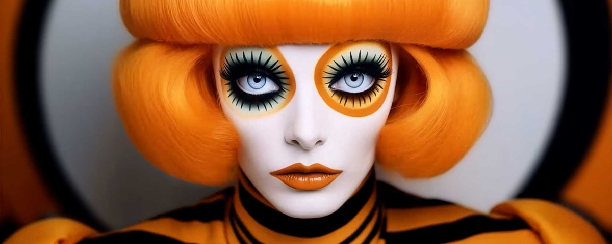 A close-up portrait of a person with dramatic orange hair styled, white face makeup, bold orange eye makeup with black lashes, and orange lips, wearing an orange-and-black striped top against a circular black-and-white background. (ai)