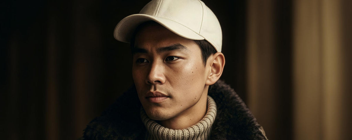 Kenneth Ching, wearing a light beige baseball cap and a dark fur-trimmed jacket over a beige turtleneck sweater, set against a dark, warm-toned background.