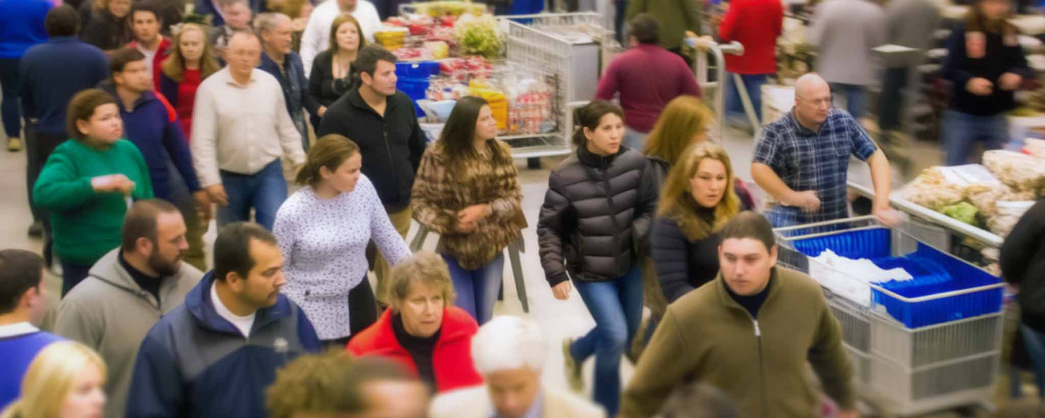 People shopping in a busy supermarket aisle with products and checkout counters. (ai)