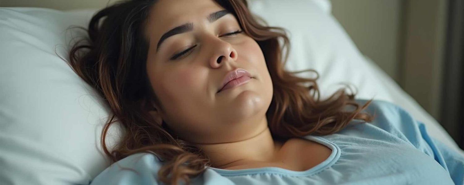 A plump Latina sleeping in a hospital bed.