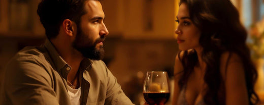 A bearded man sits at a kitchen table with a sultry female. (ai)