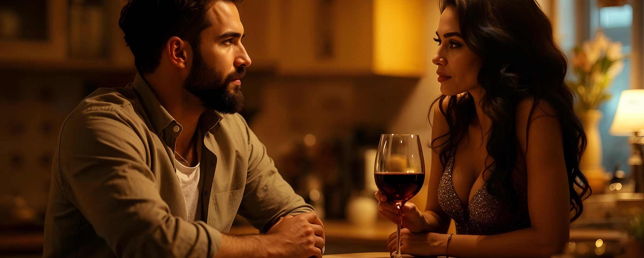 'A bearded man sits at a kitchen table with a sultry female. (ai)'