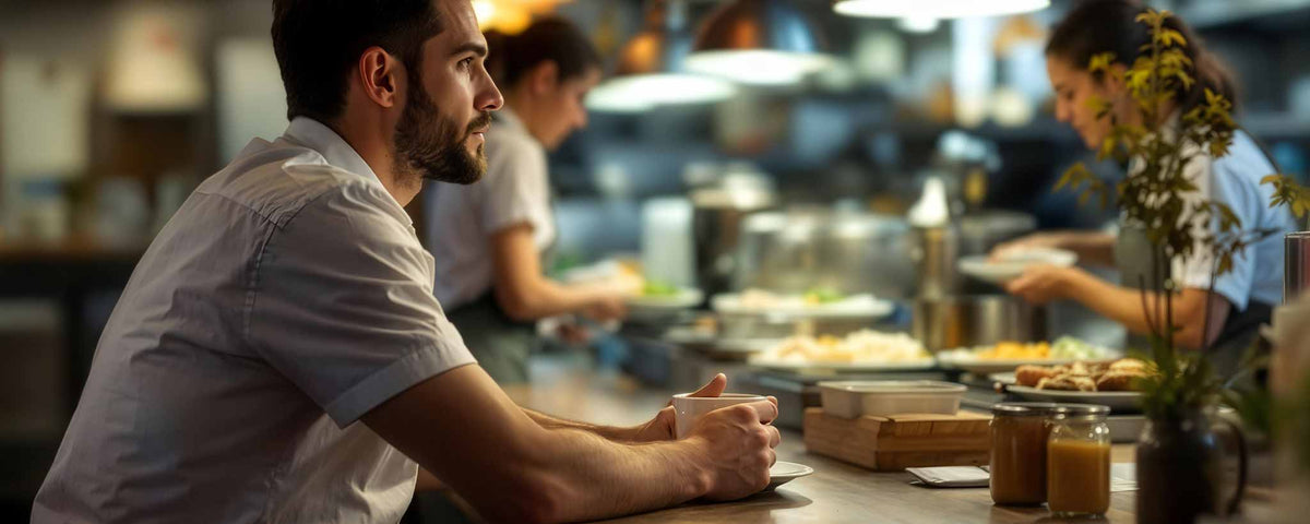 'A bearded man sits at diner counter with a cup of coffee. (ai)'