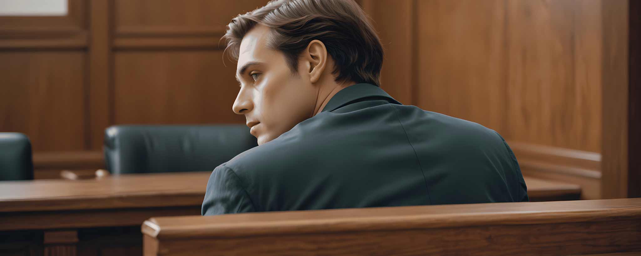 'The back of young man wearing a suit seated in courtroom. (ai)'