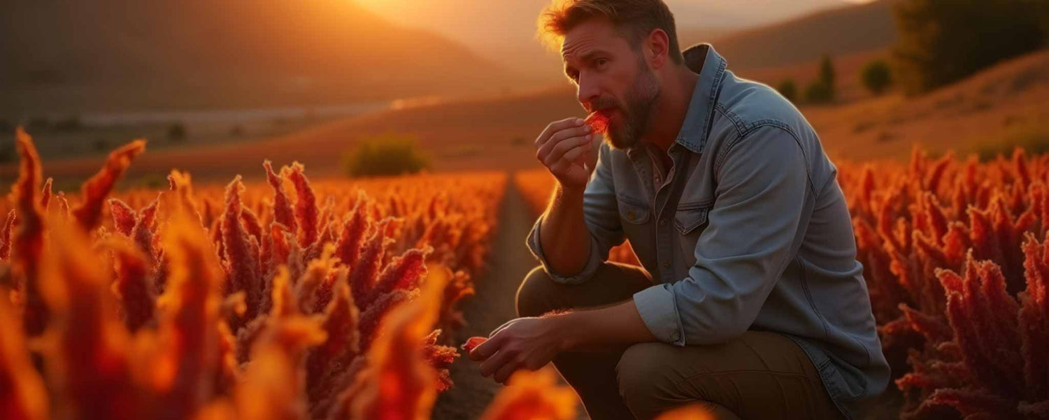 A man kneels to taste piece of a red crop. (ai)