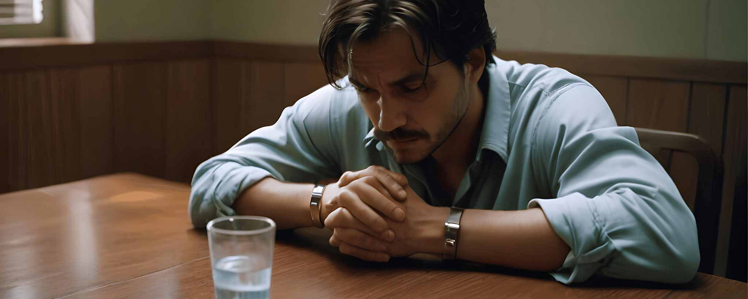 A handcuffed man is seated for interrogation with a glass of water. (ai)