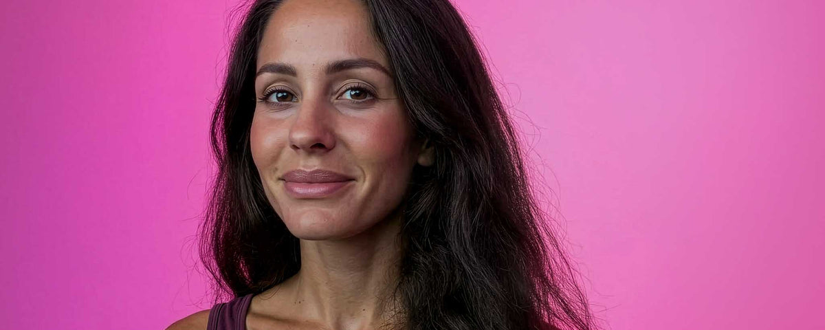 A close-up Marion Michele with long dark hair, wearing a dark purple top, set against a solid bright pink background.