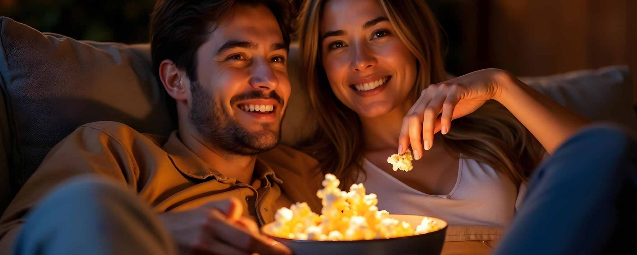 'A cozy Caucasian couple enjoys popcorn on movie night. (ai)'