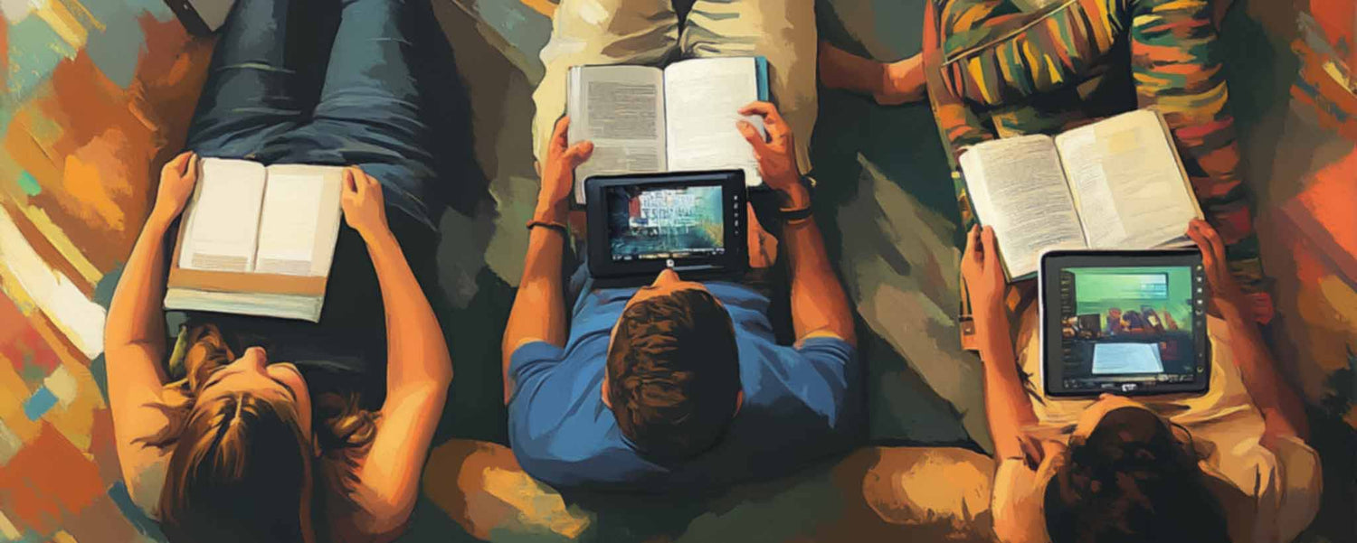 Three people are sitting on a couch, each using a different device. (ai)