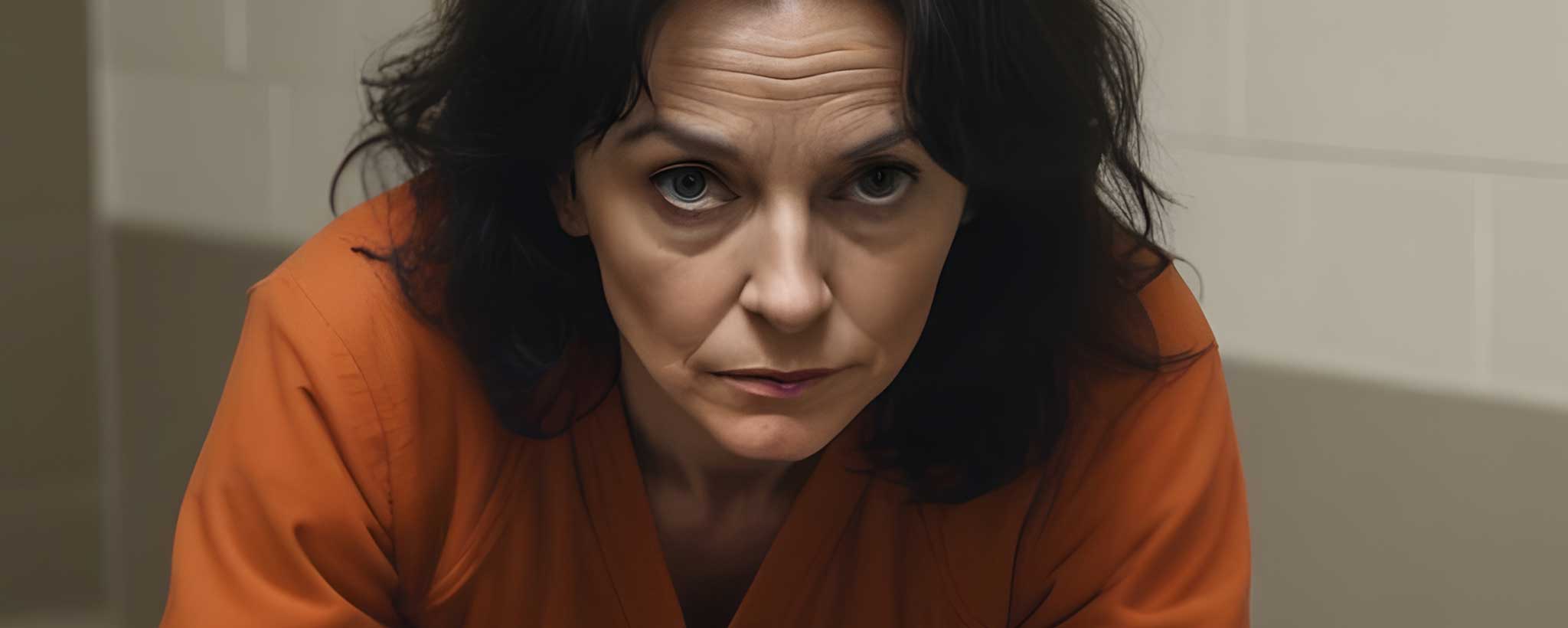 'A stoic female prison inmate stares at her visitor. (ai)'