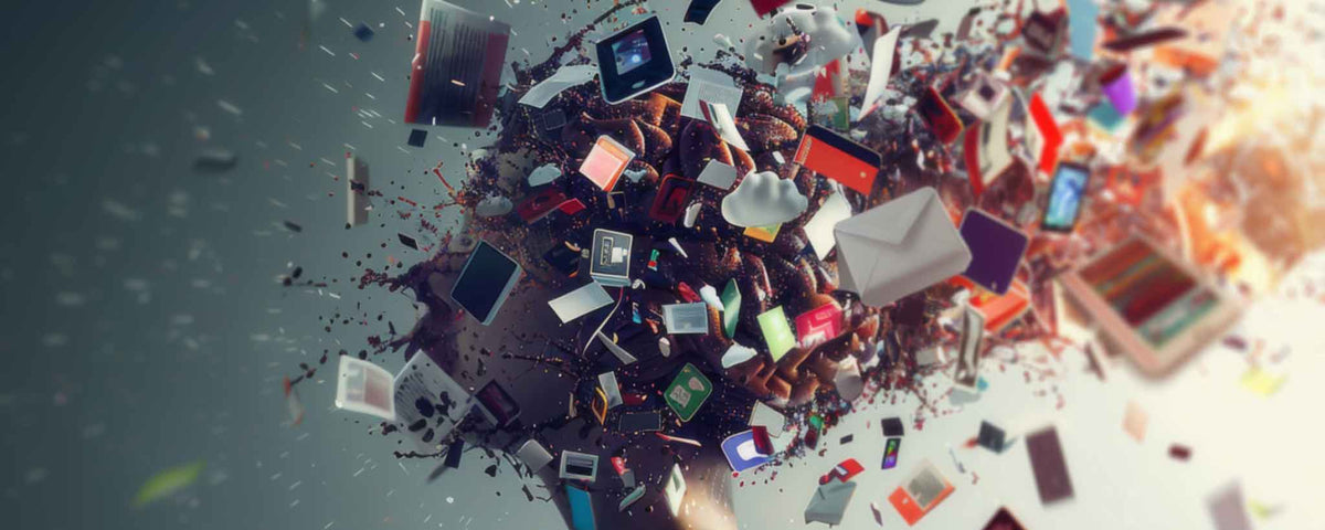 A collage of electronic devices in a chaotic arrangement surrounding a human profile. (ai)