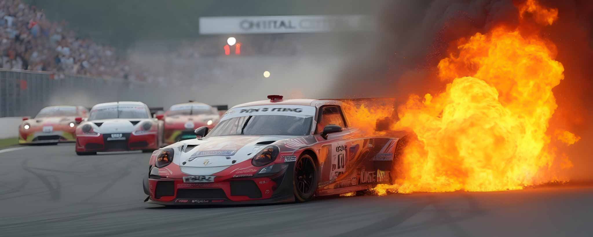 'A car explodes on the track during a race. (ai)'