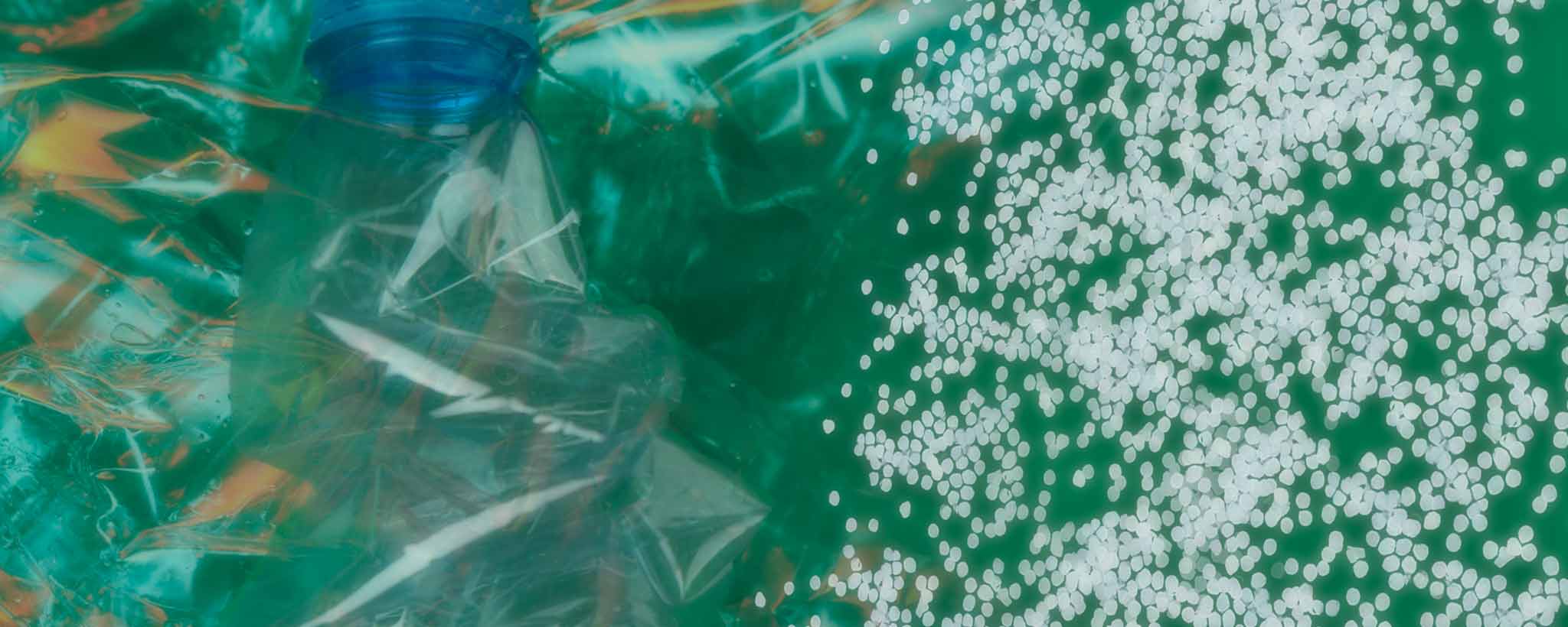 'Plastic bottles recycled to pellets.'