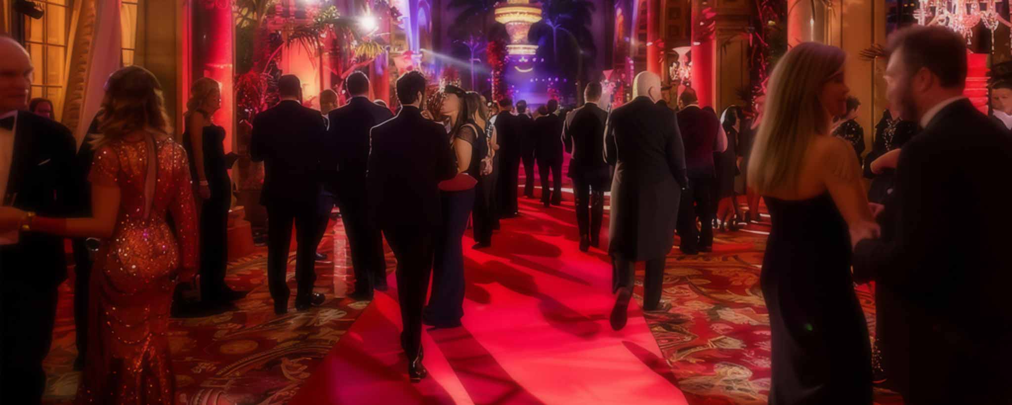 'Formal event with guests walking down a red carpet in an elegant venue. (ai)'