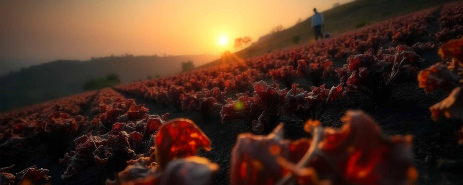 Rows of red leafy crops in sunset field. (ai)