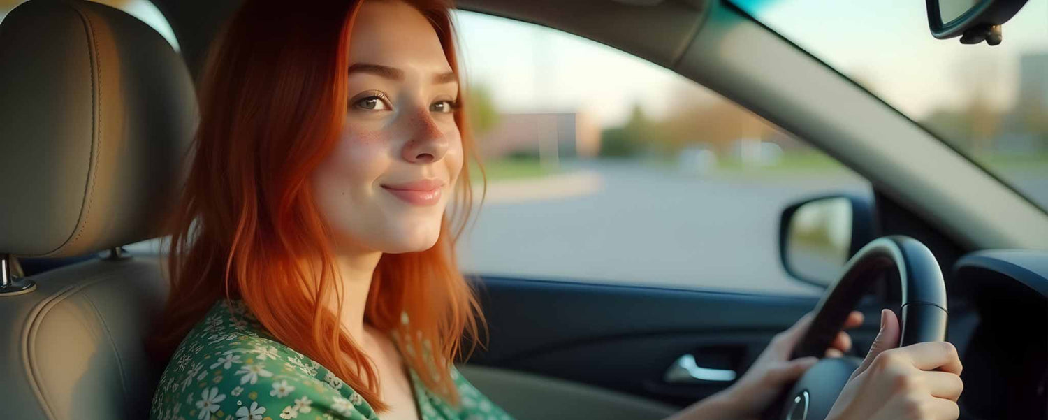 A young redhead female in the driver's seat. (ai)