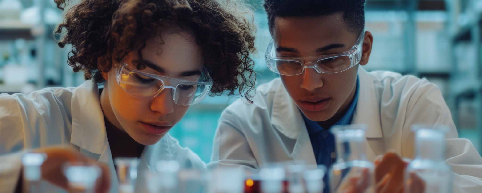 'Two scientists in a laboratory setting, wearing lab coats and safety goggles. (ai)'