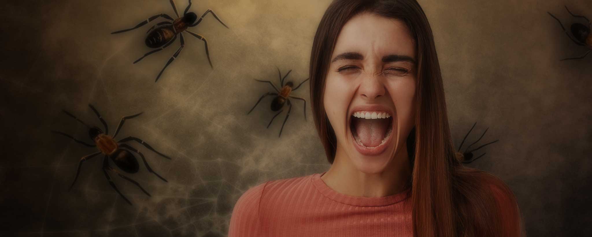 'A female with arachnophobia is screaming at spiders.'