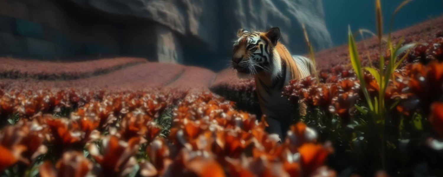 A tiger in a field of red crops. (ai)